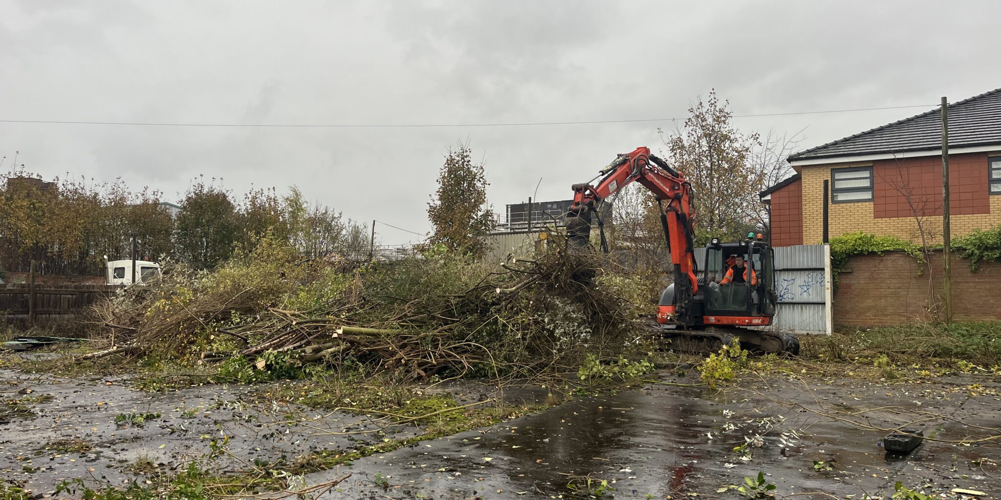 Digger clearing trees